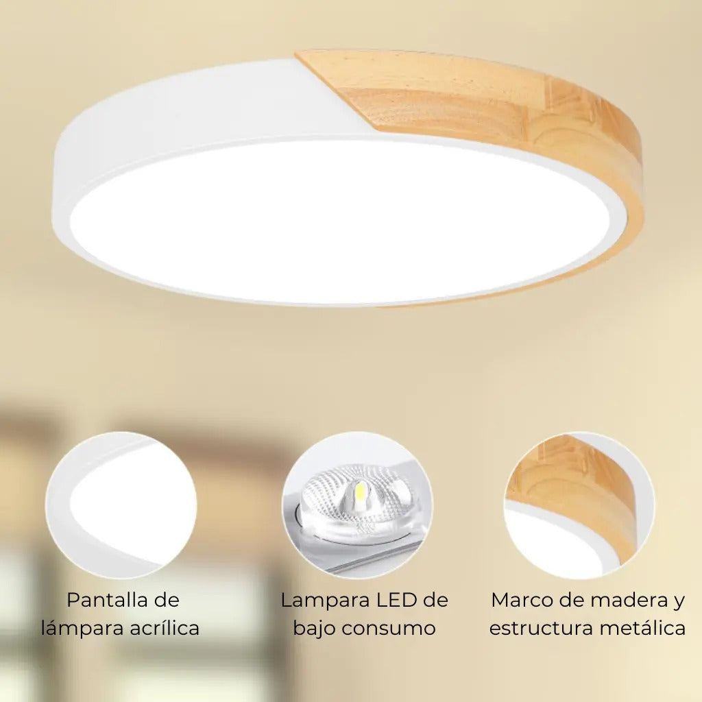 Luminaria luz fria plafon LED diám 30cm metal y madera