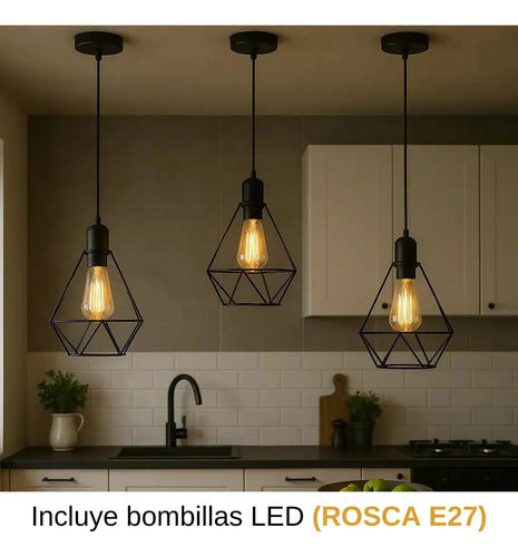 Lampara Colgante Jaula Diamante Pack X3 + Bombita Estructura Negro