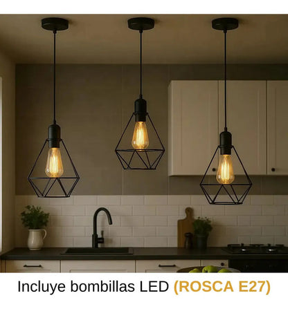Lampara Colgante Jaula Diamante Pack X3 + Bombita Estructura Negro