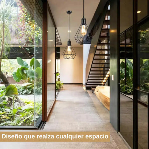 Lampara Colgante Jaula Diamante Led + Bombita Negro