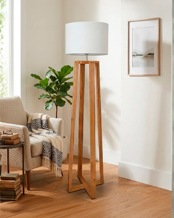 Lampara De Pie Atenas Tripode Madera Diseño Moderno Beige Marrón Claro